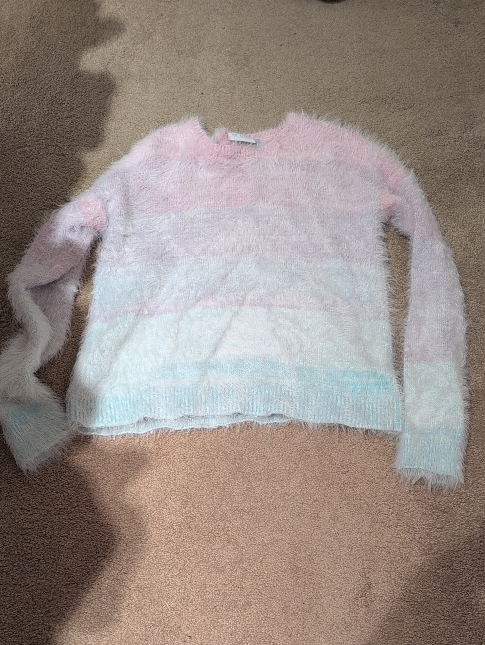 Place- Pastel Fuzzy Stripe Crewneck Sweater - Pink, Blue, White
